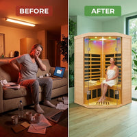 2-Person Corner Far Infrared Sauna Room - Hemlock Wood, Deluxe Transparent Glass Front, Large Capacity Home Sauna — Before & After