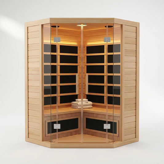 2-Person Corner Far Infrared Sauna Room - Hemlock Wood, Deluxe Transparent Glass Front, Large Capacity Home Sauna — Studio Shot
