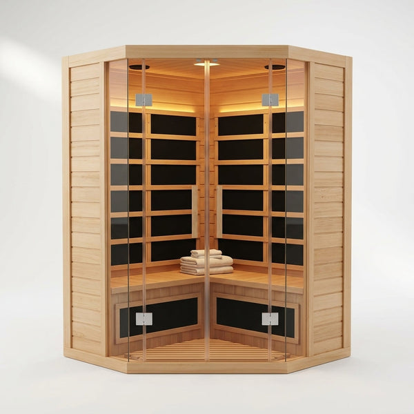 2-Person Corner Far Infrared Sauna Room - Hemlock Wood, Deluxe Transparent Glass Front, Large Capacity Home Sauna — Studio Shot