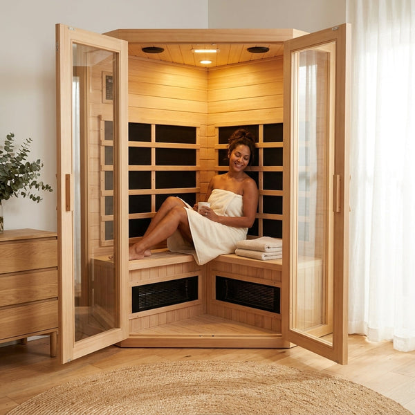 Far Infrared Sauna Room Built for Home Wellness, Hemlock Wood Construction, 7 Heating Panels, Glass Front